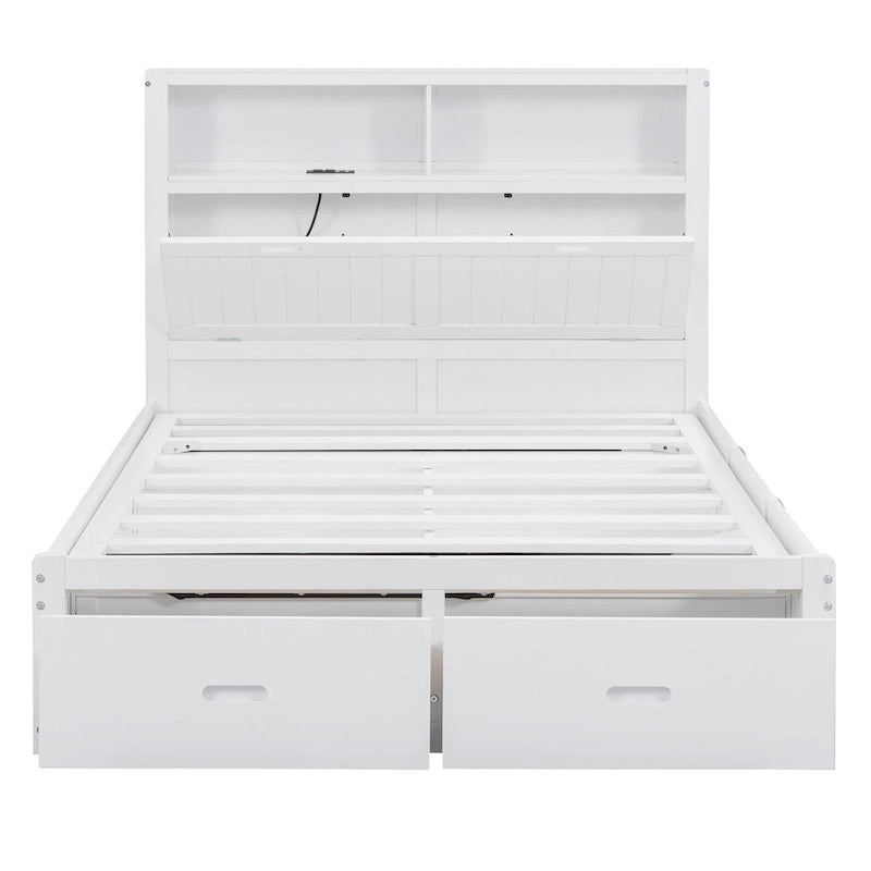 White Full Size Wooden Bed with LED Storage Headboard, Charging Station, and 2 Drawers