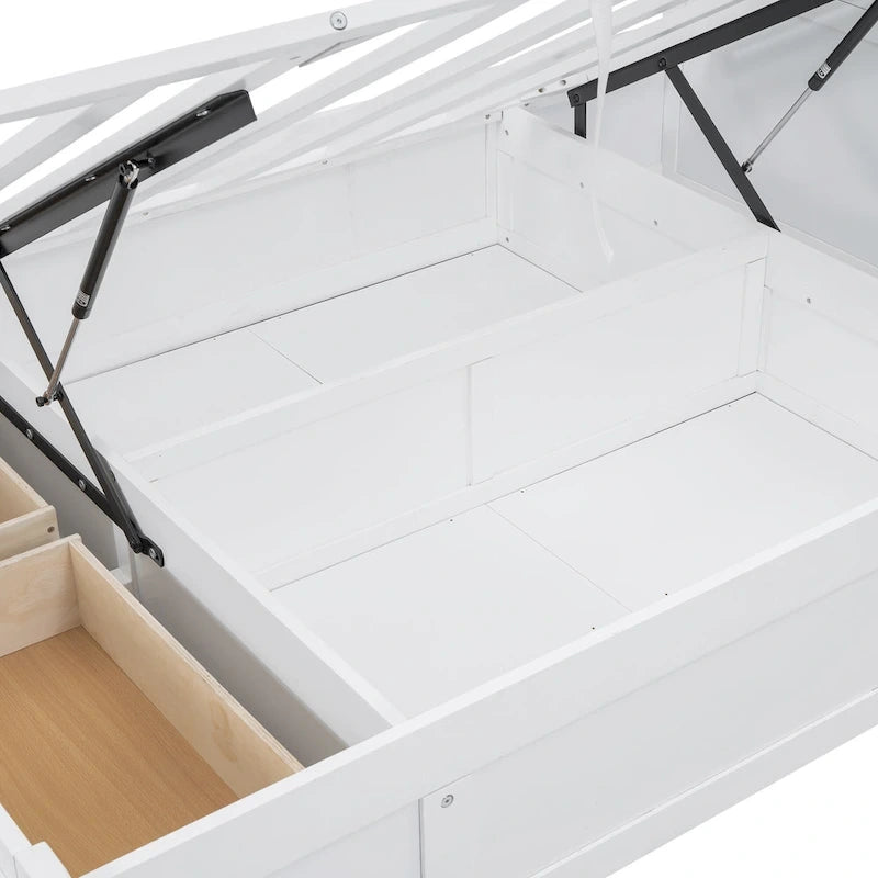 White Full Size Wooden Bed with LED Storage Headboard, Charging Station, and 2 Drawers