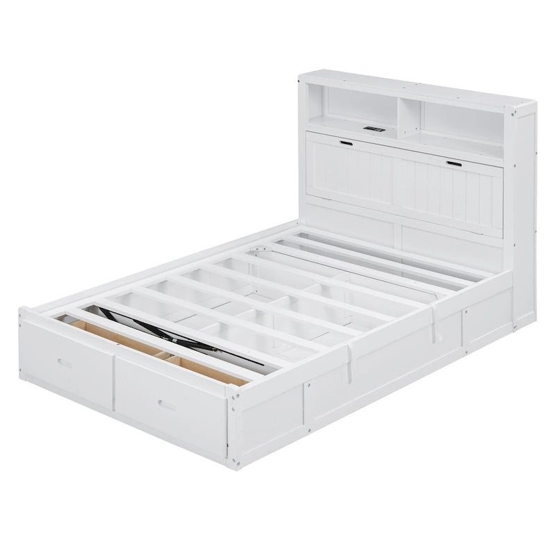 White Full Size Wooden Bed with LED Storage Headboard, Charging Station, and 2 Drawers
