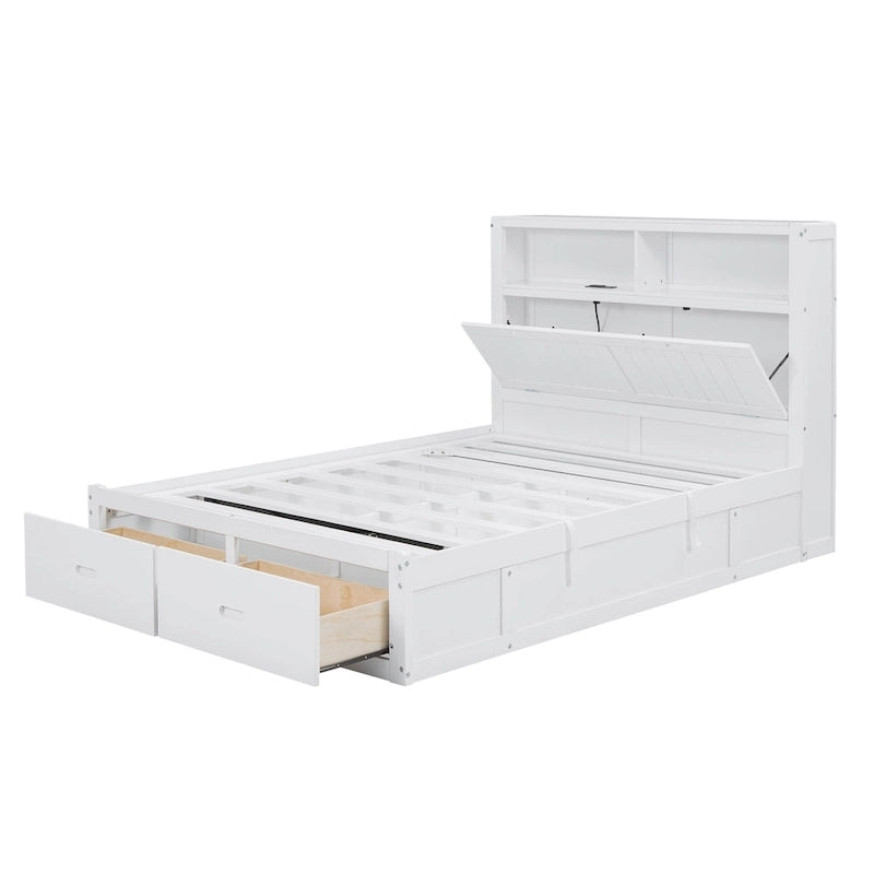 White Full Size Wooden Bed with LED Storage Headboard, Charging Station, and 2 Drawers