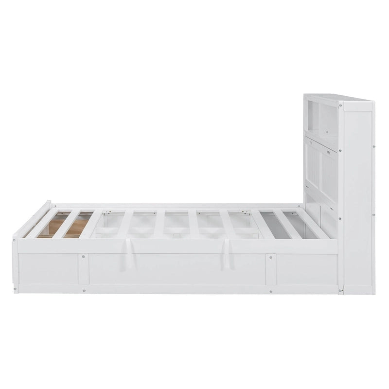 White Full Size Wooden Bed with LED Storage Headboard, Charging Station, and 2 Drawers