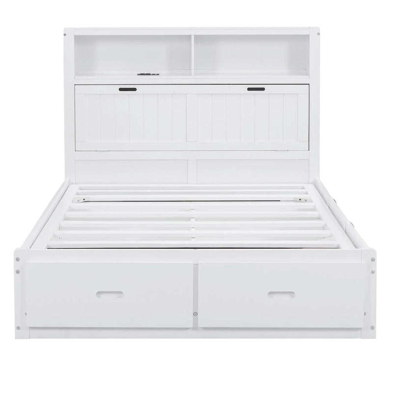 White Full Size Wooden Bed with LED Storage Headboard, Charging Station, and 2 Drawers