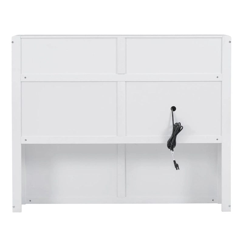 White Full Size Wooden Bed with LED Storage Headboard, Charging Station, and 2 Drawers