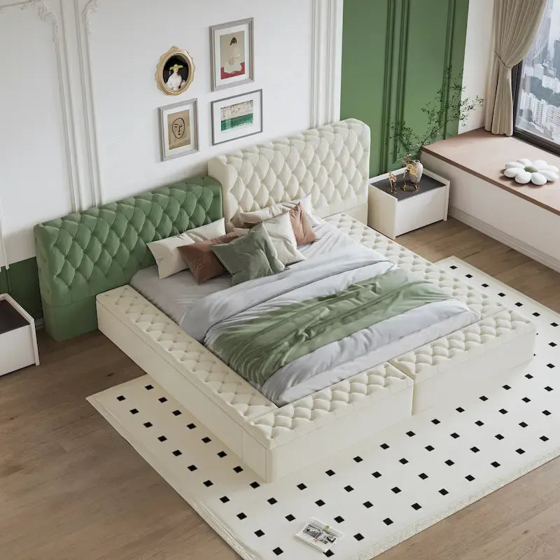 Cama de Plataforma Estofada King com Arrumação e Linhas Curvas