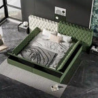 Cama de Plataforma Estofada King com Arrumação e Linhas Curvas
