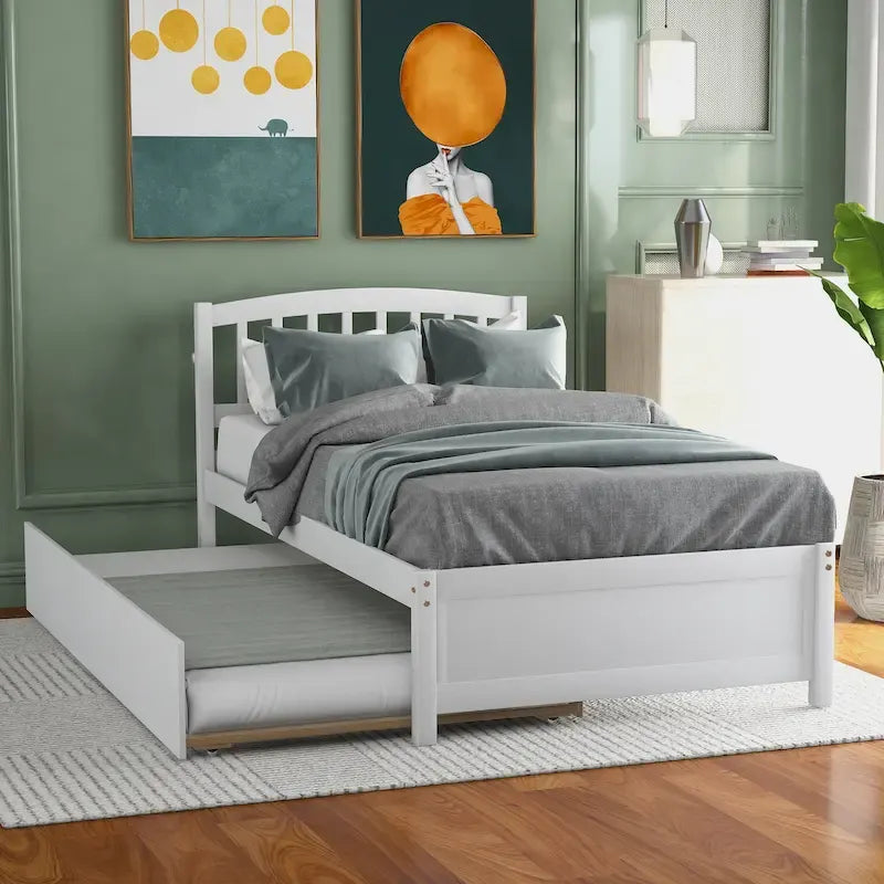 Cama de Plataforma de Solteiro com Cama de Hóspedes Deslizante e Cabeceira de Ripas