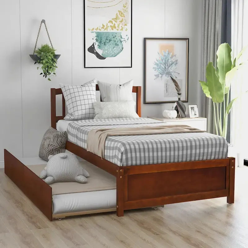 Cama de Plataforma de Solteiro com Cama de Hóspedes Deslizante e Cabeceira de Ripas