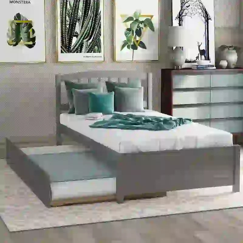 Twin Pine Platform Bed with Trundle & Slat Headboard