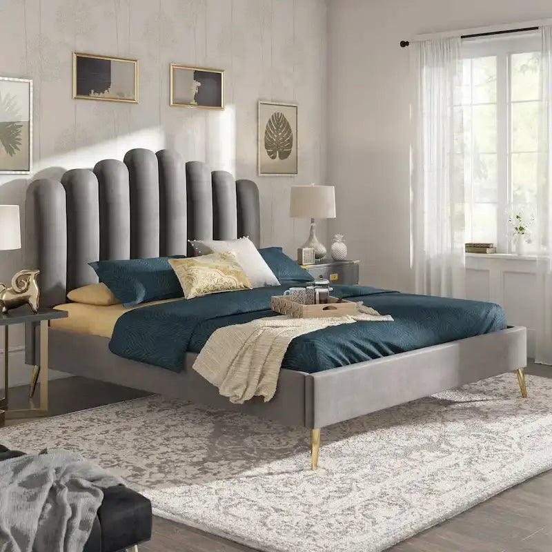 Art Deco Velvet Upholstered Platform Bed