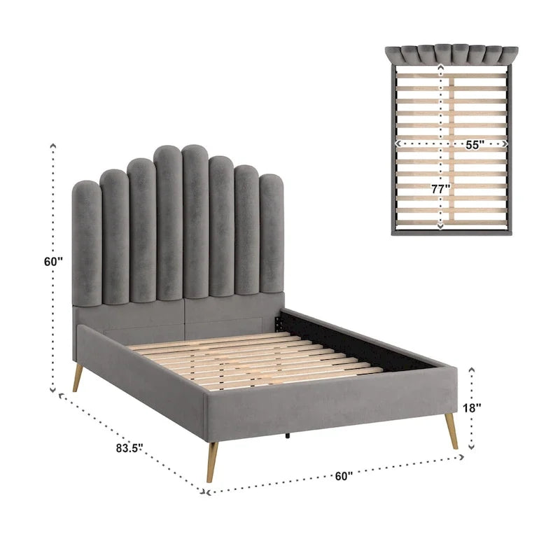 Art Deco Velvet Upholstered Platform Bed