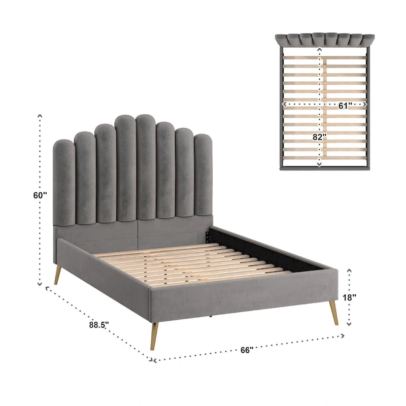 Art Deco Velvet Upholstered Platform Bed
