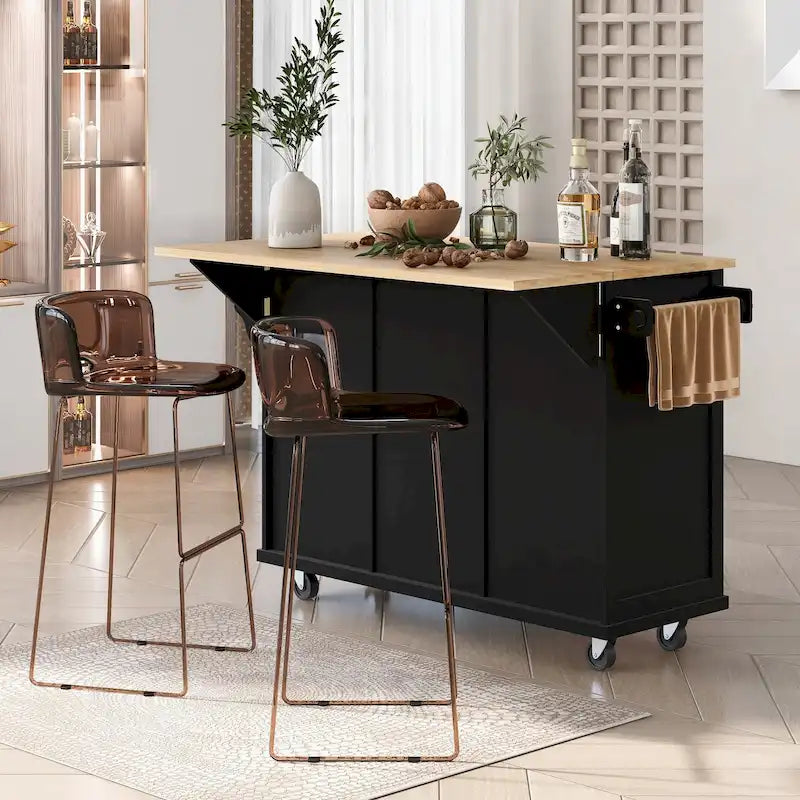 Rolling Kitchen Cart with Storage Cabinet and Drop Leaf Top