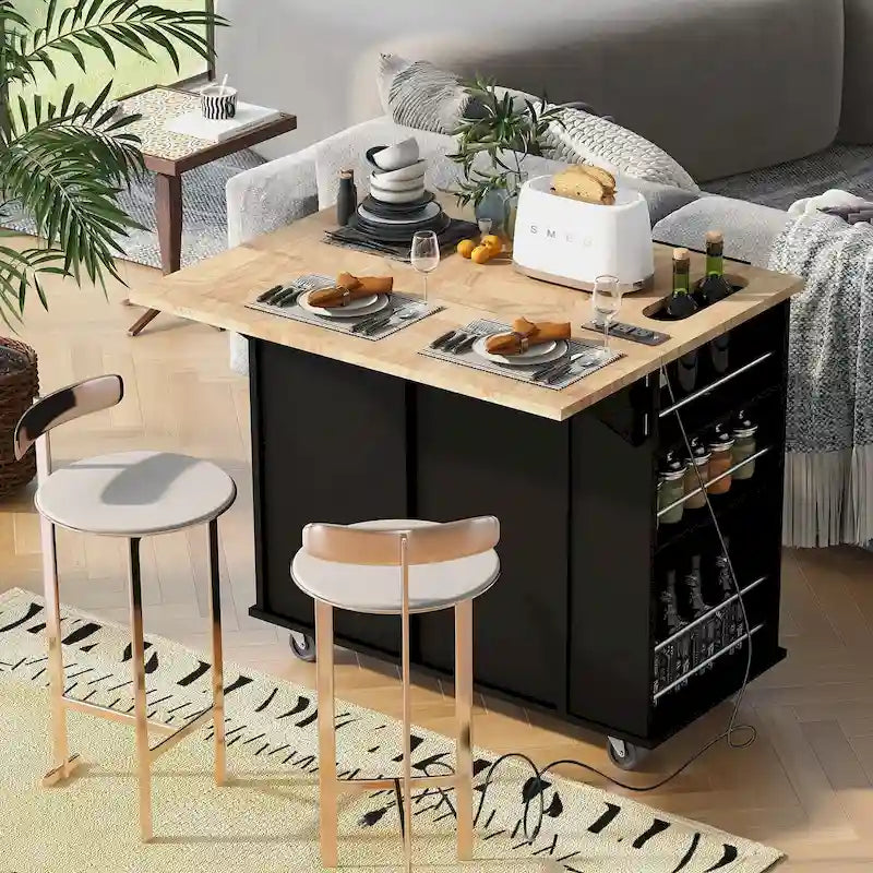 Rolling Kitchen Island Cart with Power Outlet Drop Leaf and Wine Glass Holder