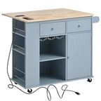 Rolling Kitchen Island Cart with Power Outlet Drop Leaf and Wine Glass Holder