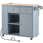 Rolling Kitchen Island Cart with Power Outlet Drop Leaf and Wine Glass Holder