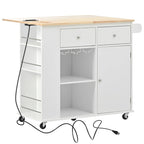Rolling Kitchen Island Cart with Power Outlet Drop Leaf and Wine Glass Holder