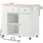Rolling Kitchen Island Cart with Power Outlet Drop Leaf and Wine Glass Holder