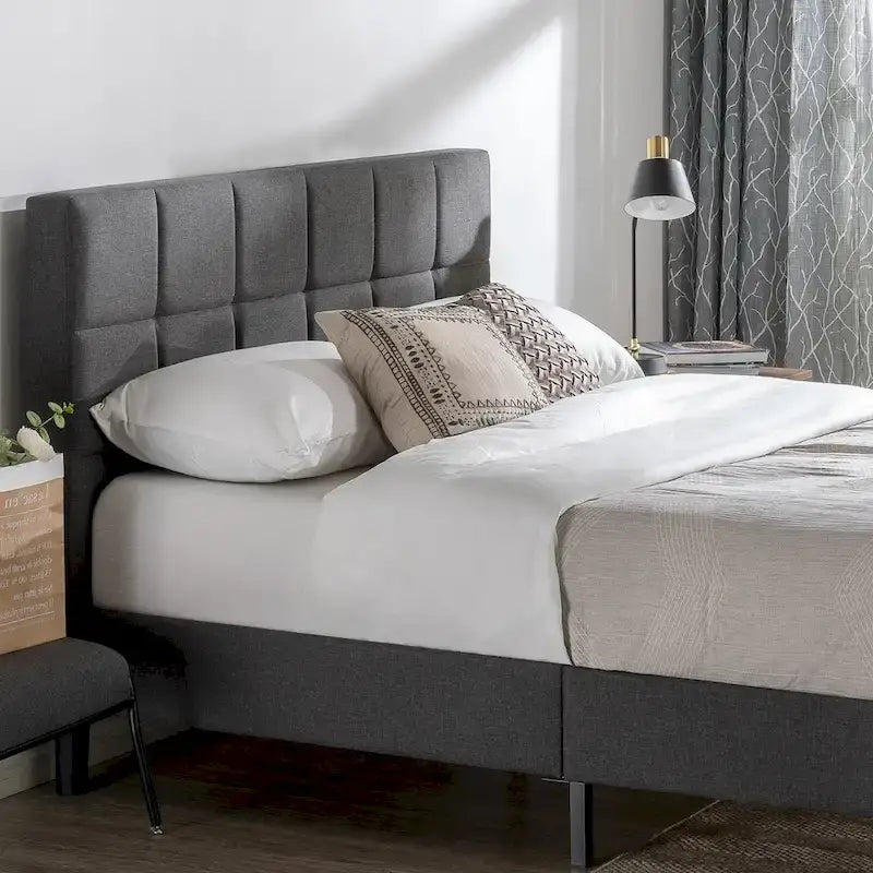 Grey Square Stitched King Platform Bed Frame