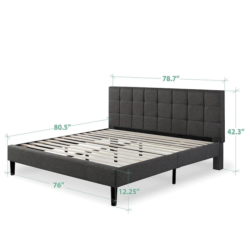Grey Square Stitched King Platform Bed Frame