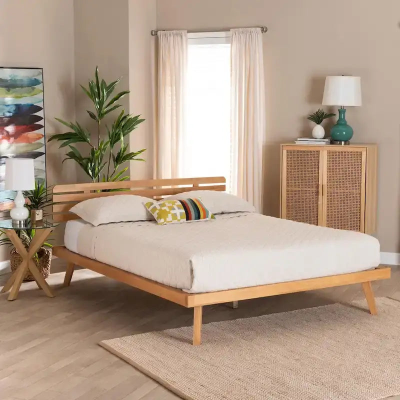 Modern Japandi Rustic Brown Finished Wood Platform Bed