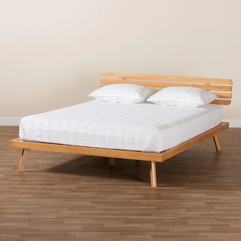 Modern Japandi Rustic Brown Finished Wood Platform Bed