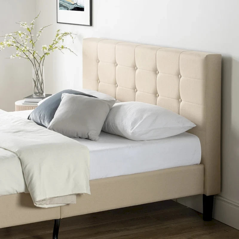 Beige Upholstered Button Tufted Platform Bed - King