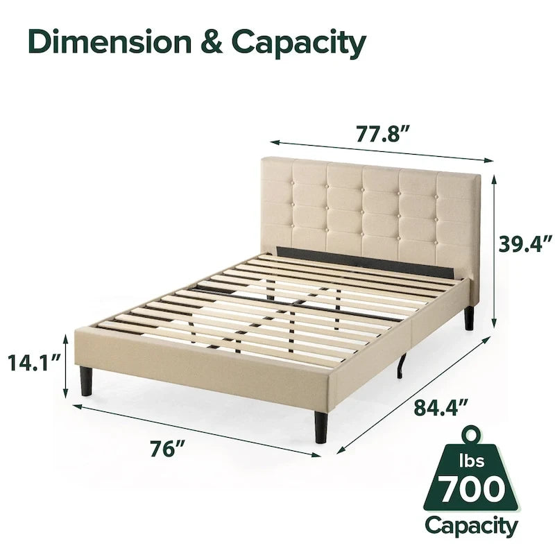 Beige Upholstered Button Tufted Platform Bed - King