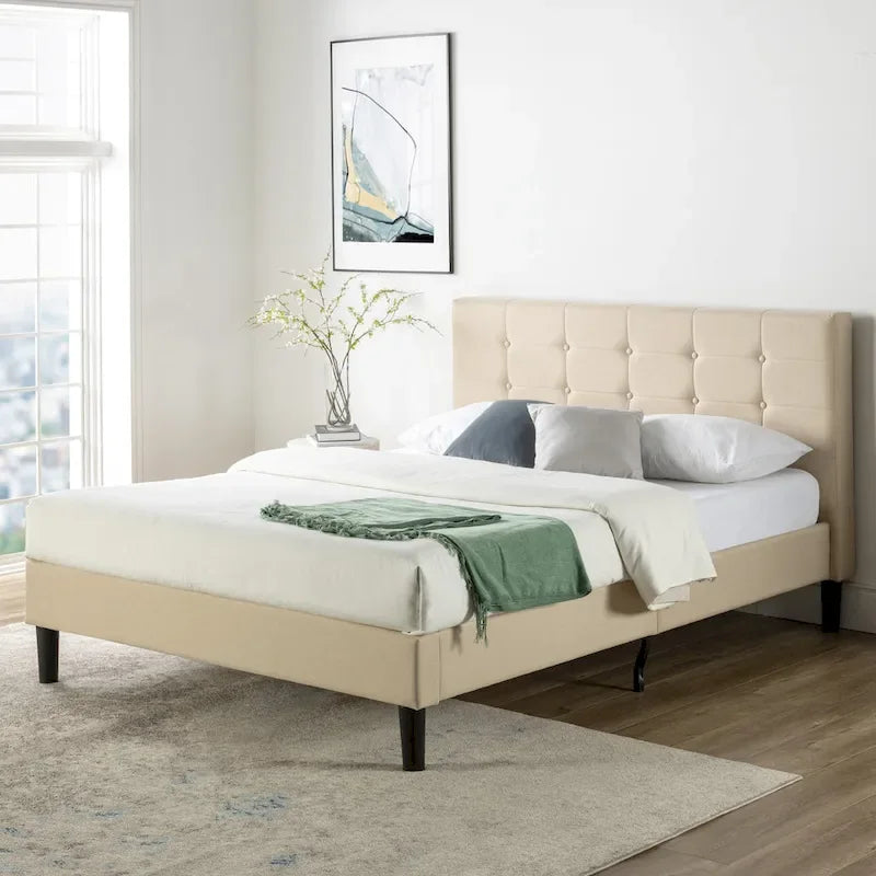 Beige Upholstered Button Tufted Platform Bed - King