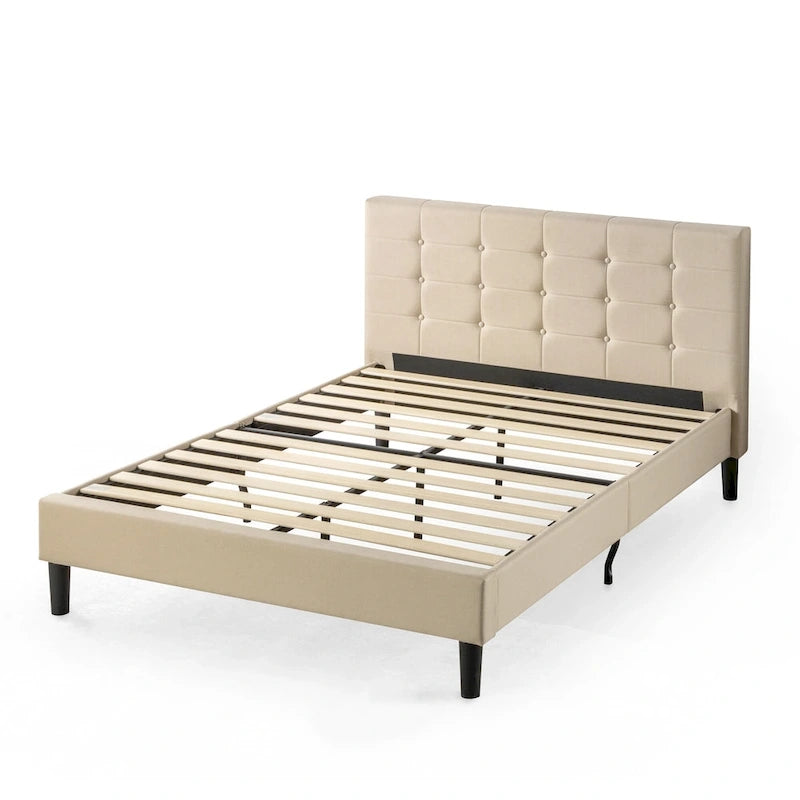 Beige Upholstered Button Tufted Platform Bed - King