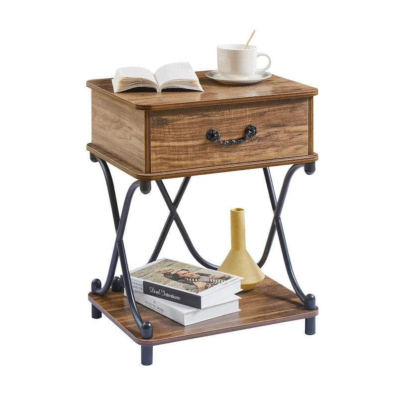 Modern Nightstand with 1-Drawer and Storage Shelf, X-design End Side Table