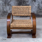 Natural Woven Banana Fiber Accent Chair on Curved Teak Veneer Wood Frame