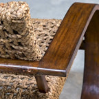Natural Woven Banana Fiber Accent Chair on Curved Teak Veneer Wood Frame
