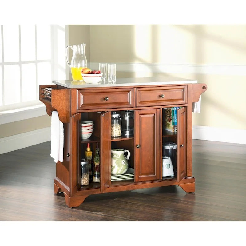Stainless Steel Top Kitchen Island in Classic Cherry Finish - 51.5 W x 18 D x 36 H
