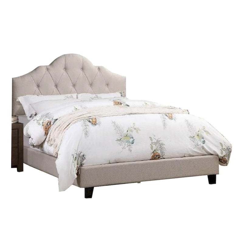Upholstered Queen Size Bed, Tufted Adjustable Headboard, Taupe Fabric