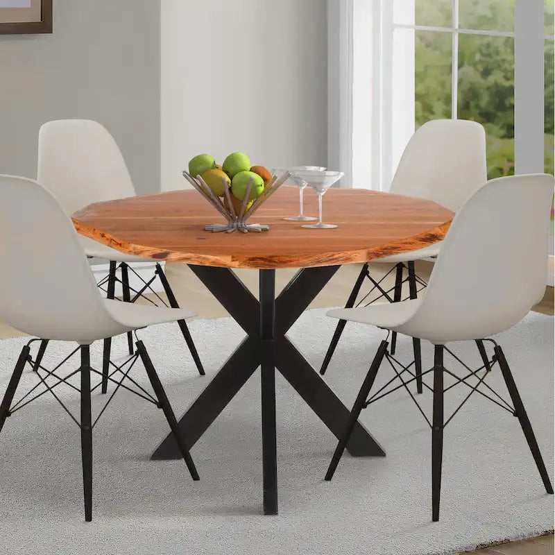 41 Inch Handcrafted Live Edge Round Dining Table with a Natural Brown Acacia Wood Top and Black Iron Legs