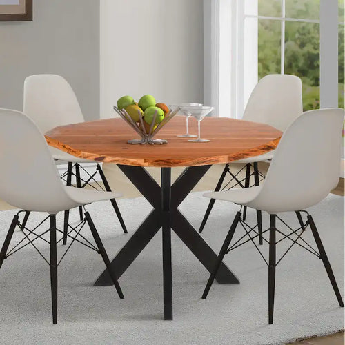41 Inch Handcrafted Live Edge Round Dining Table with a Natural Brown Acacia Wood Top and Black Iron Legs