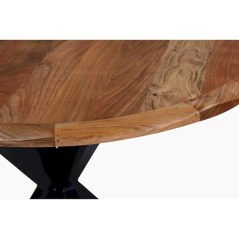 41 Inch Handcrafted Live Edge Round Dining Table with a Natural Brown Acacia Wood Top and Black Iron Legs