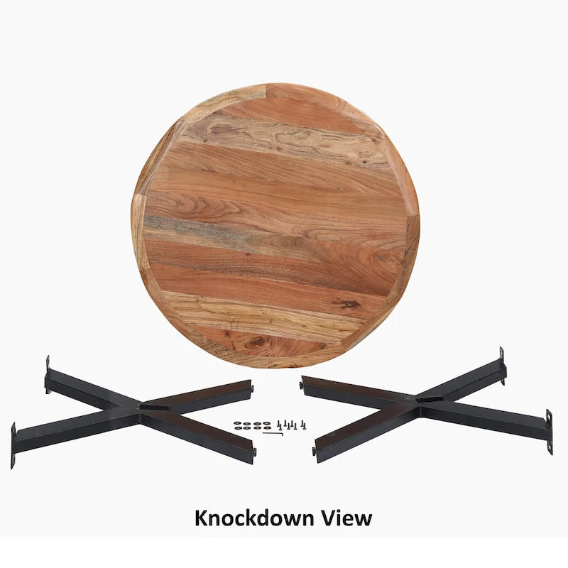 41 Inch Handcrafted Live Edge Round Dining Table with a Natural Brown Acacia Wood Top and Black Iron Legs