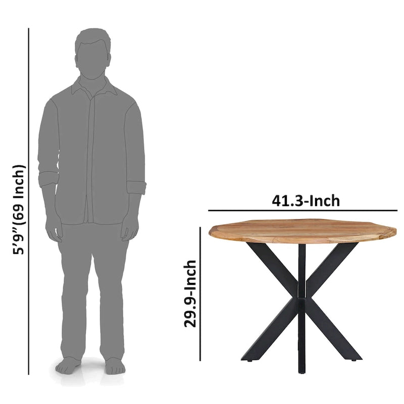 41 Inch Handcrafted Live Edge Round Dining Table with a Natural Brown Acacia Wood Top and Black Iron Legs
