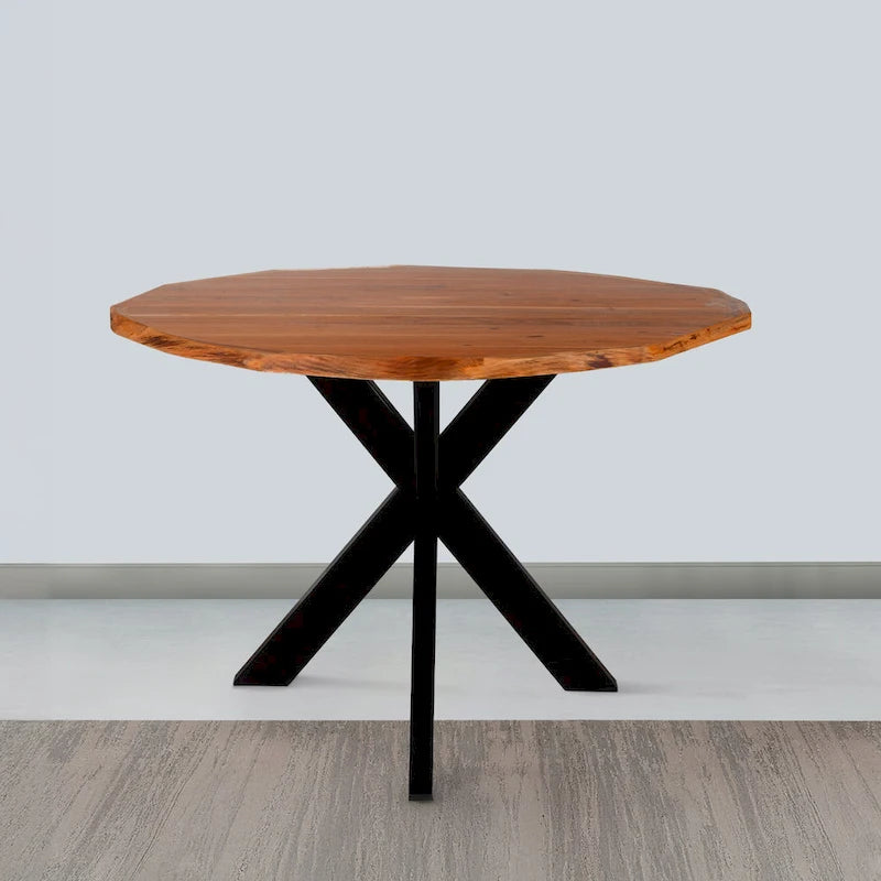 41 Inch Handcrafted Live Edge Round Dining Table with a Natural Brown Acacia Wood Top and Black Iron Legs