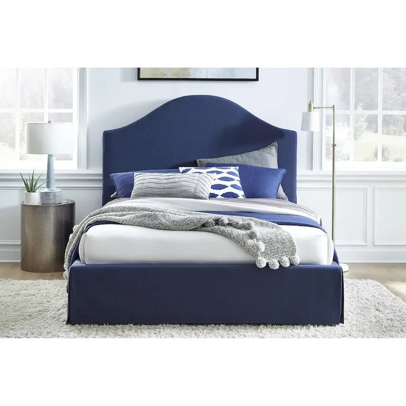 Upholstered Skirted Storage Panel Bed in Navy