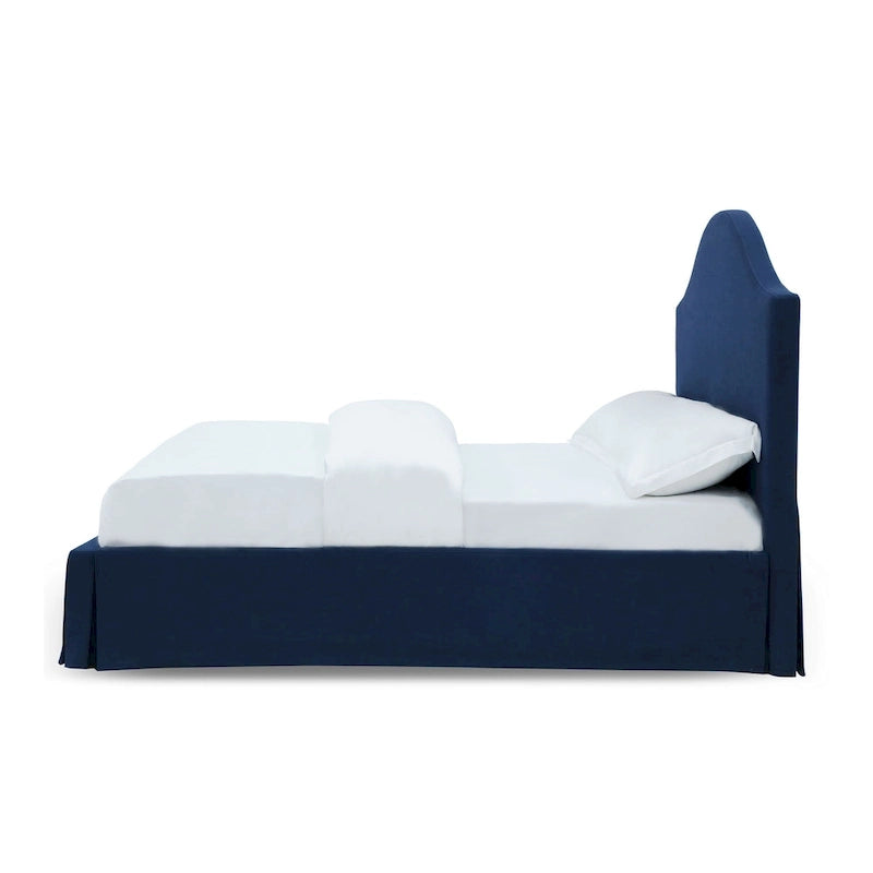 Upholstered Skirted Storage Panel Bed in Navy