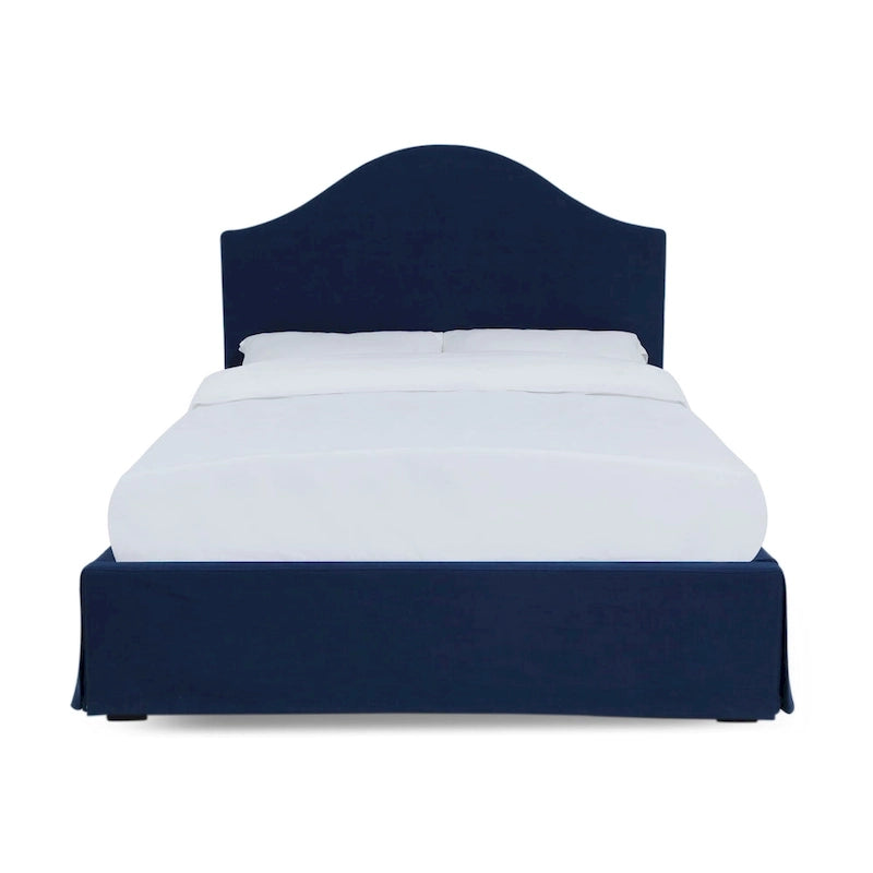 Upholstered Skirted Storage Panel Bed in Navy