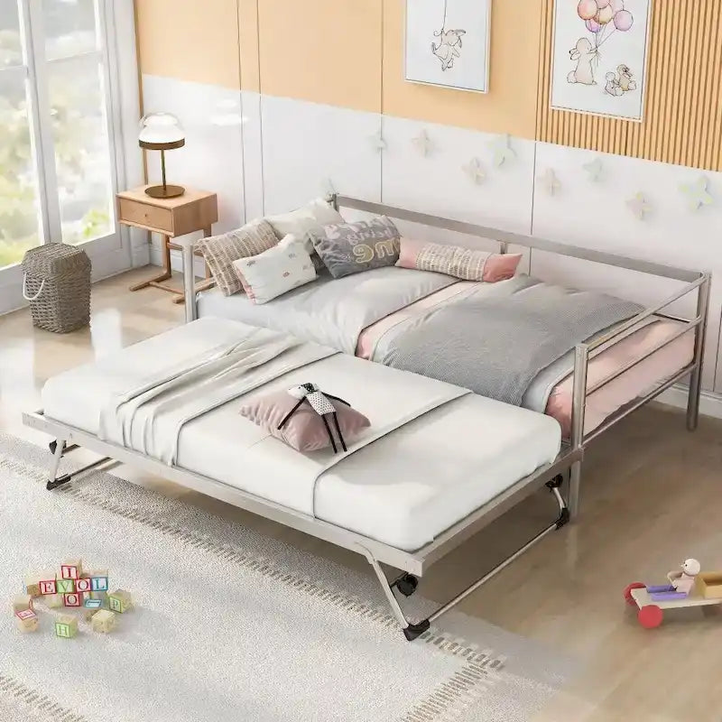 Cama de Dia de Metal Industrial Tamanho Twin com Cama Auxiliar Ajustável Elevatória e Reforçada