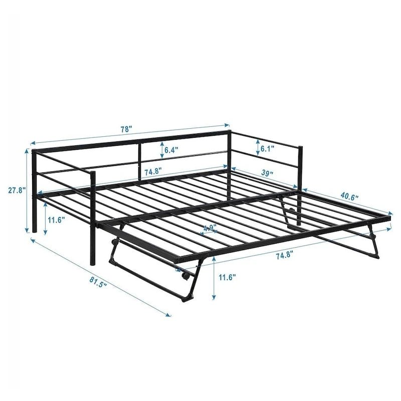 Twin Size Metal Daybed with Adjustable Trundle, Pop Up Trundle
