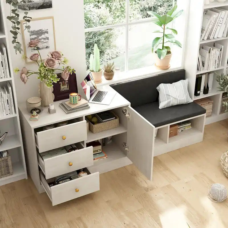 White Shoe Storage Bench with Cushioned Seat and Adjustable Shelves