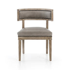 Curved Hardwood Dining Chairs with Grey Leather Upholstery