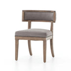 Curved Hardwood Dining Chairs with Grey Leather Upholstery