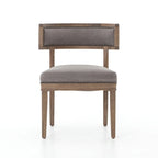 Curved Hardwood Dining Chairs with Grey Leather Upholstery