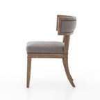 Curved Hardwood Dining Chairs with Grey Leather Upholstery